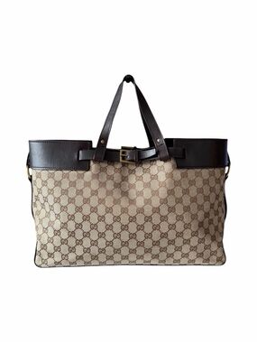Gucci GG Canvas Belted Buckle Tote Brown Leather Large Handheld Bag